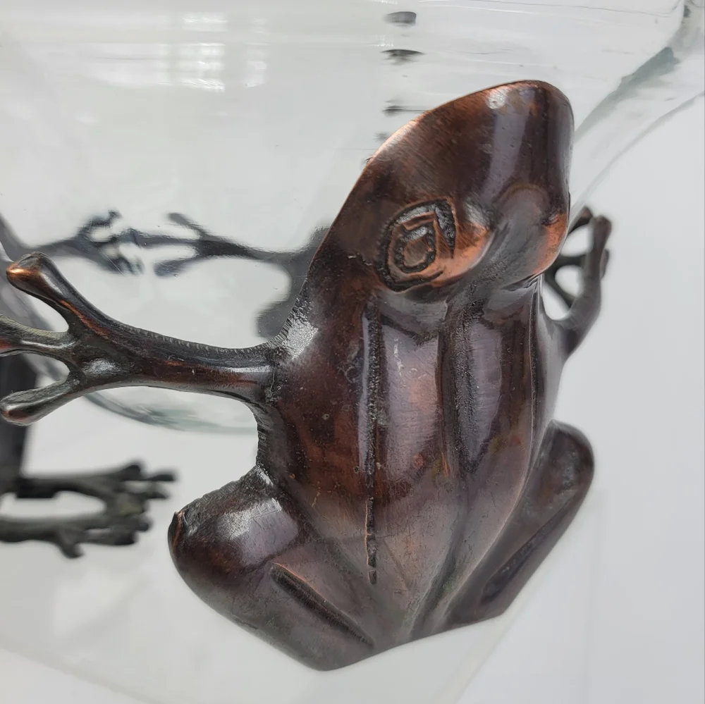 Decorative Glass Bowl Vase Centerpiece with Three Sitting Metal Frogs Stand Base